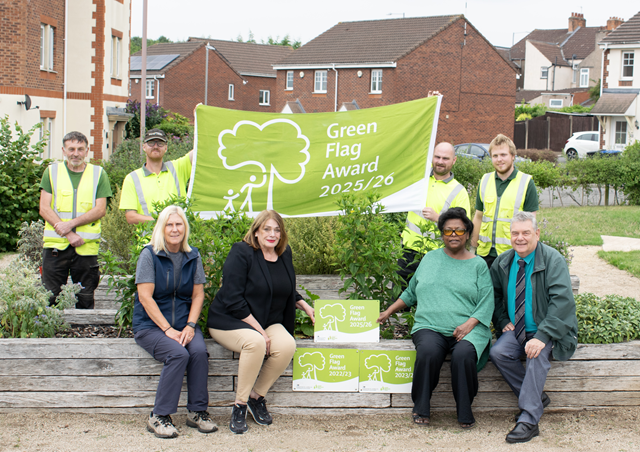 (front, left to right) Stephanie Huggett, the council's town park ranger, Cllr Maggie O'Rourke, Rugby Borough Council portfolio holder for partnerships and wellbeing, Sheela Hammond, chair of New Bilton Community Association, Cllr Neil Sandison, Rugby Borough Council's Liberal Democrat spokesperson for partnerships and wellbeing, (back, left to right) David Henderson, Thomas Malin, Daniel Mallinson and Benjamin Anstice, members of the council's grounds maintenance team.
